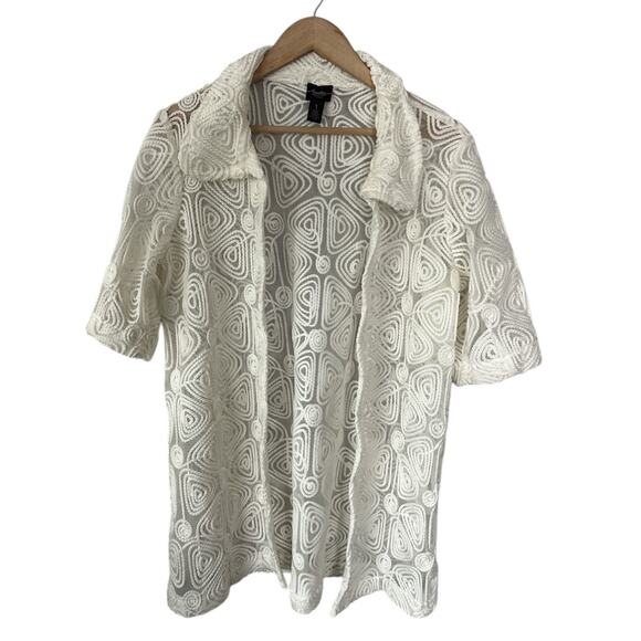 Chicos Travelers White Embroidered Rope Open Front Sheer Cardigan Medium (1) - Picture 1 of 4